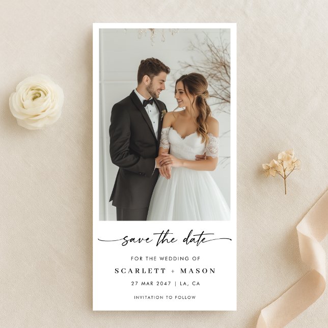 Reserva La Fecha Simple Elegant Script Photo Wedding Bookmark (Subido por el creador)