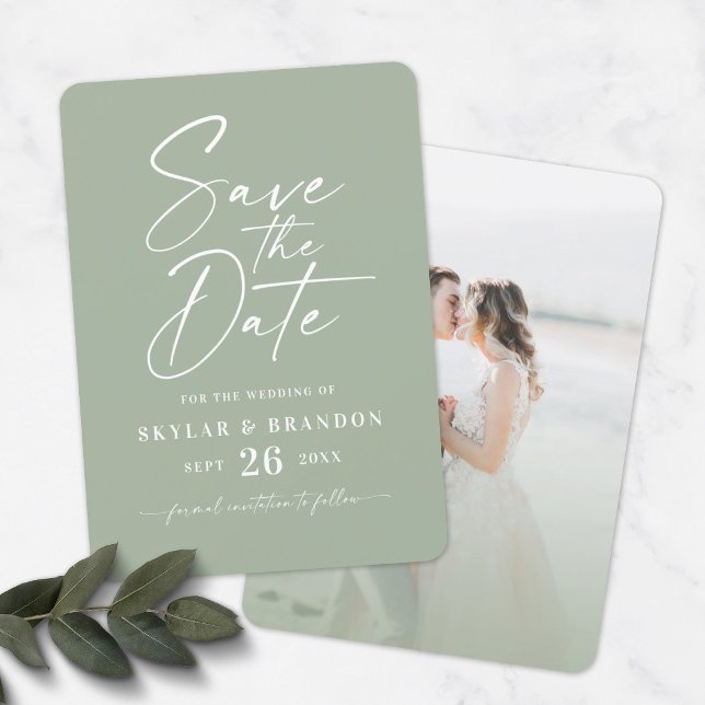 Reserva La Fecha Simple Leaf Green con guión y Boda de fotos (Subido por el creador)