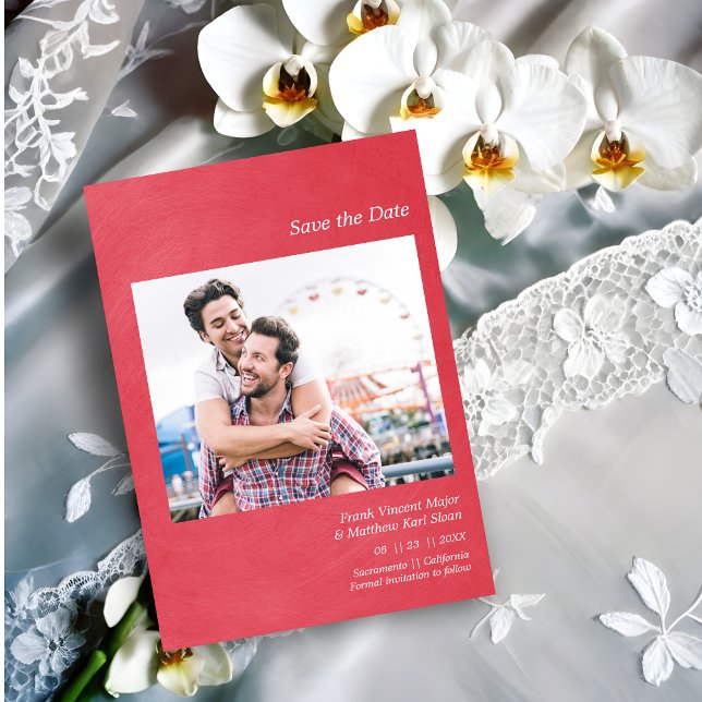 Reserva La Fecha Simple Metallic Effect Engaged Gay Couple Photo (Simple Wedding Announcement Custom Photo with a Metallic Effect  Save the Date Card.)