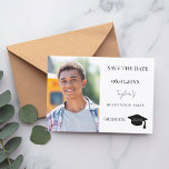 Reserva La Fecha Simple modern photo guy Graduation<br><div class="desc">A photo Save the date card for a graduation. On front: Add your own vertical size photo of the graduate. A chic white background, black text. Templates for a name and date. The name is written with a modern hand lettered style script. With a cap, tassel topper. Back: party details....</div>