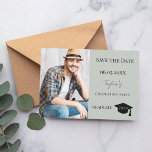 Reserva La Fecha Simple modern photo sage green guy Graduation<br><div class="desc">A photo Save the date card for a graduation. On front: Add your own vertical size photo of the graduate. A trendy muted sage green colored background, black text. Templates for a name and date. The name is written with a modern hand lettered style script. With a cap, tassel topper....</div>