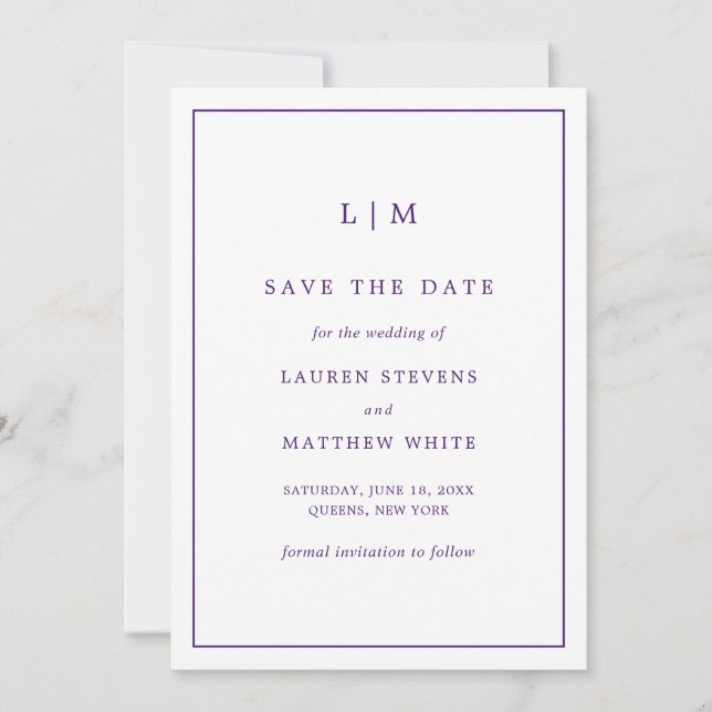 Reserva La Fecha Simple Monograma Morado Elegante Boda (Anverso)
