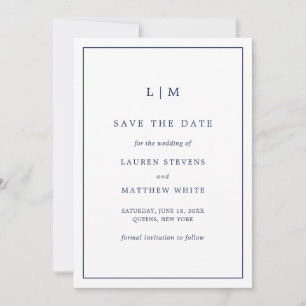 Reserva La Fecha Simple Navy Blue Monograma Elegante Boda