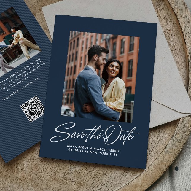 Reserva La Fecha Simple navy blue trendy script two photo wedding (Subido por el creador)