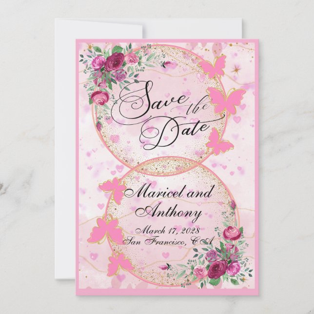 Reserva La Fecha Simple Pink Butterflies theme Save the Date (Anverso)