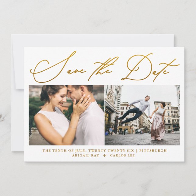 Reserva La Fecha Simple Script Faux Gold Dos Photo Modern (Anverso)