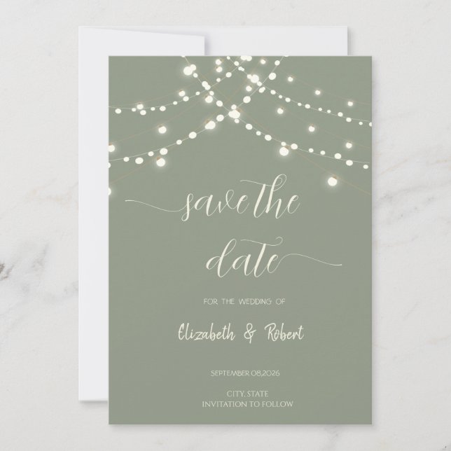Reserva La Fecha Simple String Lights Sage Green Save The Date (Anverso)