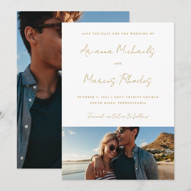 Reserva La Fecha Simple y moderno Dos Bodas de fotografía Gold (Anverso / Reverso)