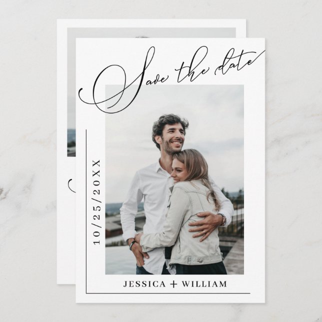 Reserva La Fecha Simplemente elegante caligrafía Boda 2 foto (Anverso / Reverso)