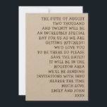 Reserva La Fecha Simples Words Informal y Divertido Boda<br><div class="desc">Si tienes en mente a un boda informal, esta tipografía sin pretensiones, simple pero elegante, "Salven las fechas", podría ser lo que buscas para mantener tu tema. El texto se personaliza fácilmente y puede cambiar el tipo de letra y el color si lo desea. La muestra se muestra en el...</div>