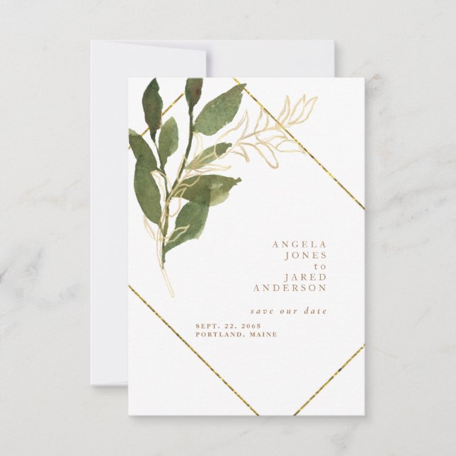 Reserva La Fecha Simplicity Botánico Oro y Blanco Save the Date (Anverso)