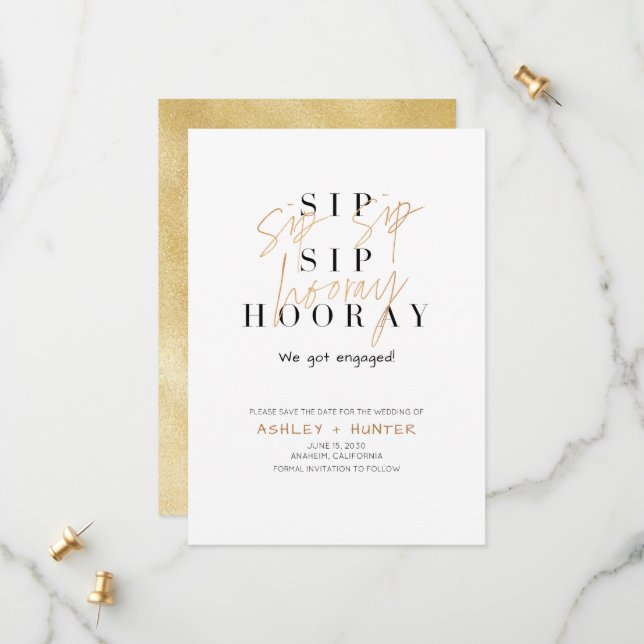 Reserva La Fecha Sip Sip Hooray Champagne Gold Engagement (Anverso/Reverso In Situ)
