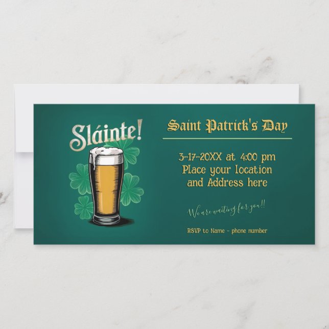 Reserva La Fecha ¡Slàinte! Pinta de cerveza del Día de San Patricio (Anverso)