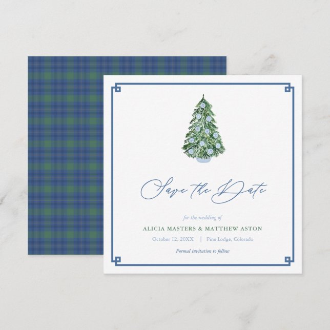 Reserva La Fecha Smart Christmas Tree Green Blue Winter Wedding (Anverso / Reverso)