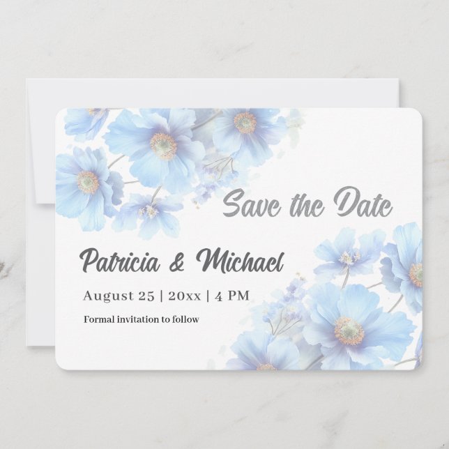 Reserva La Fecha Soft Blue Himalayan Poppy Flower Garden Wedding  (Anverso)