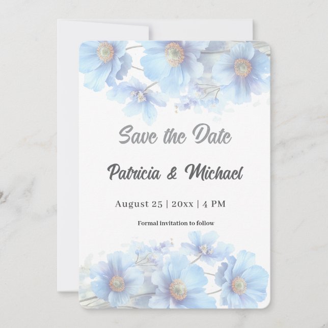 Reserva La Fecha Soft Blue Himalayan Poppy Flower Garden Wedding  (Anverso)