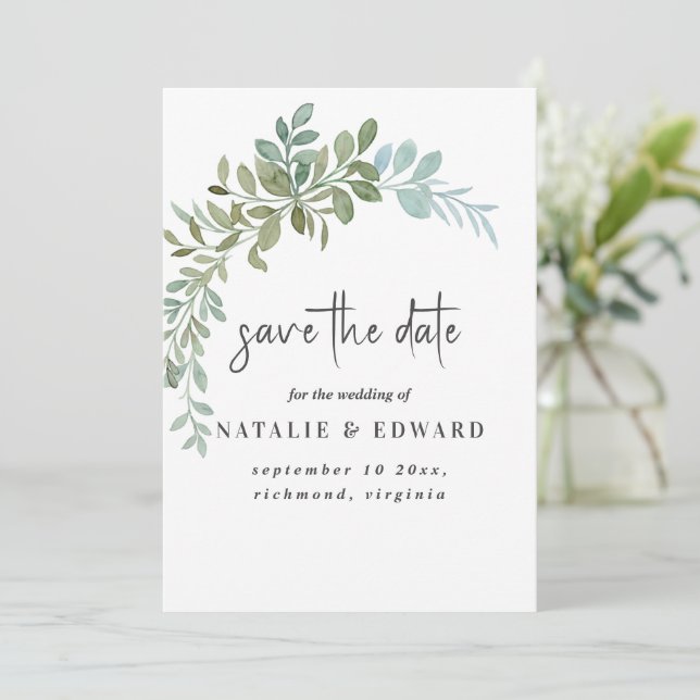 Reserva La Fecha Soft Green Eucalyptus Watercolor Rustic Wedding (Anverso de pie)