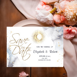 Reserva La Fecha Sol de oro celeste, luna, estrellas