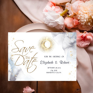 Reserva La Fecha Sol de oro celeste, luna, estrellas