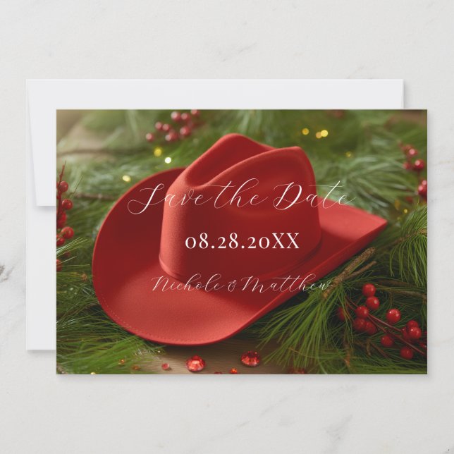 Reserva La Fecha Sombrero de vaquero rojo de Navidad de boda (Anverso)