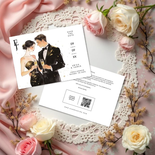 Reserva La Fecha Sophisticated Black & Gold Couple Wedding (Chic Black & Gold Couple Artwork Wedding Save the Date Card Featuring Initials and Back QR Code.)