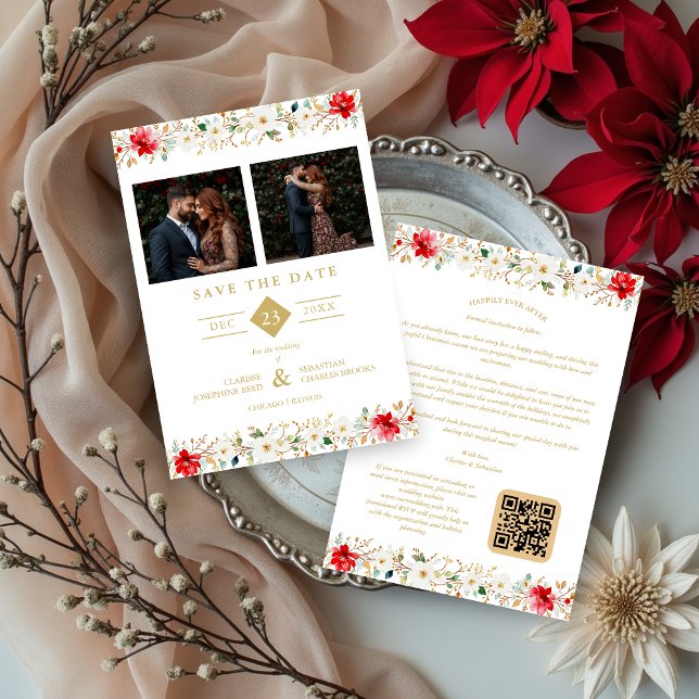 Reserva La Fecha Sophisticated Classic Christmas Garland Wedding (Sophisticated Classic Christmas Garland Wedding Save the Date Cards with Two Photos and Back QR Code)