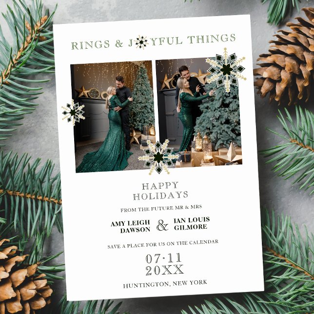 Reserva La Fecha Sophisticated Exquisite Christmas Snowflakes (Sophisticated Exquisite Christmas Snowflakes Green and Faux Gold 2 Multi Photos Collage Holiday Card)