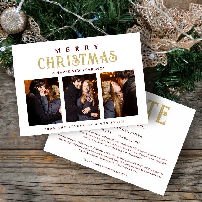 Reserva La Fecha Sophisticated Simple Classic Calligraphy 3 Photos (Sophisticated Simple Classic Calligraphy 3 Multi Photo Merry Christmas in Fake Gold & Dark Red.)