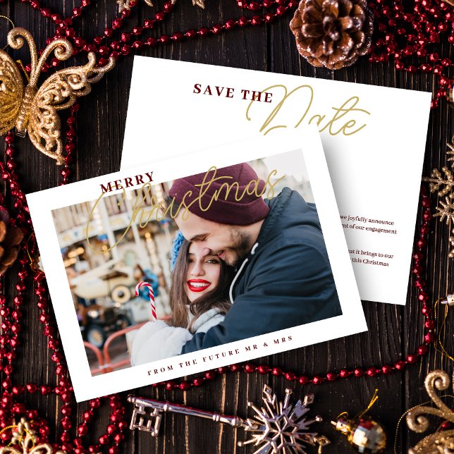 Reserva La Fecha  Sophisticated Simple Classic Calligraphy Photo  (Sophisticated Classic Calligraphy Photo Merry Christmas in Fake Gold and Dark Red Holiday Card.)