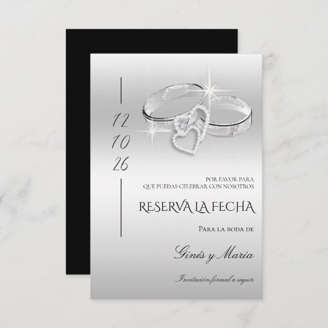 Reserva La Fecha Spanish Decorative Glitzy Silver Wedding Rings  (Anverso / Reverso)