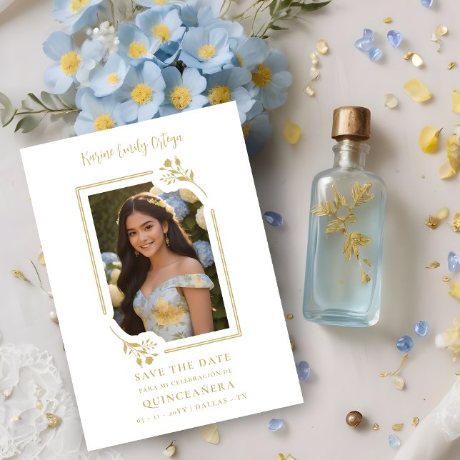 Reserva La Fecha Spanish Elegant Photo Quinceañera in Yellow Floral (Spanish Elegant Photo QuinceañeraFloral Frame in Faux Gold Save the Date Card.)