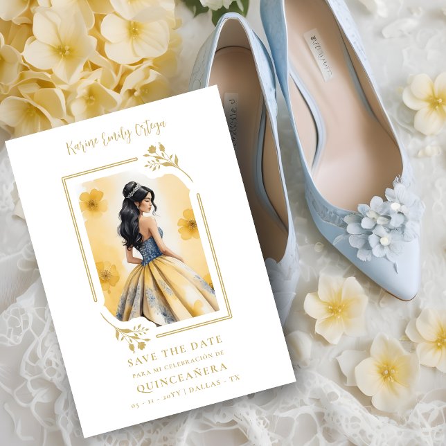 Reserva La Fecha Spanish Elegant Quinceañera Yellow Doll Frame (Spanish Elegant Quinceañera in Yellow Doll Floral with a Frame Save the Date Card. )
