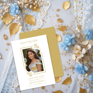 Reserva La Fecha Spanish Exquisite Photo Quinceañera in Gold Floral