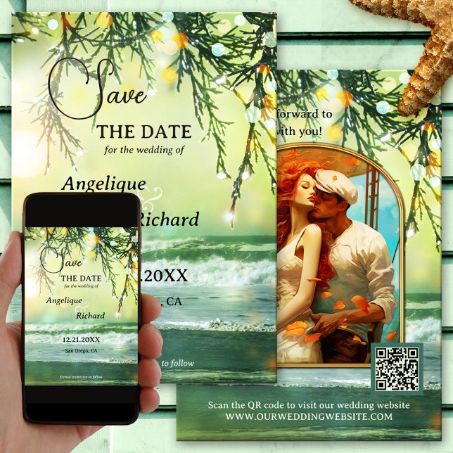 Reserva La Fecha Sparkling Navidades Beach Photo Save the Date Card (Christmas Wedding Save the Date Card featuring a teal green beach with sparkling lights on pine twig)