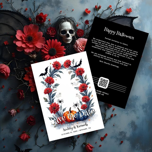 Reserva La Fecha Spooky Halloween Gothic Arch Wedding (Halloween Gothic Arch Wedding Save the Date Card with Pumpkins, Ghosts, Bats, Spiders and QR Code.)