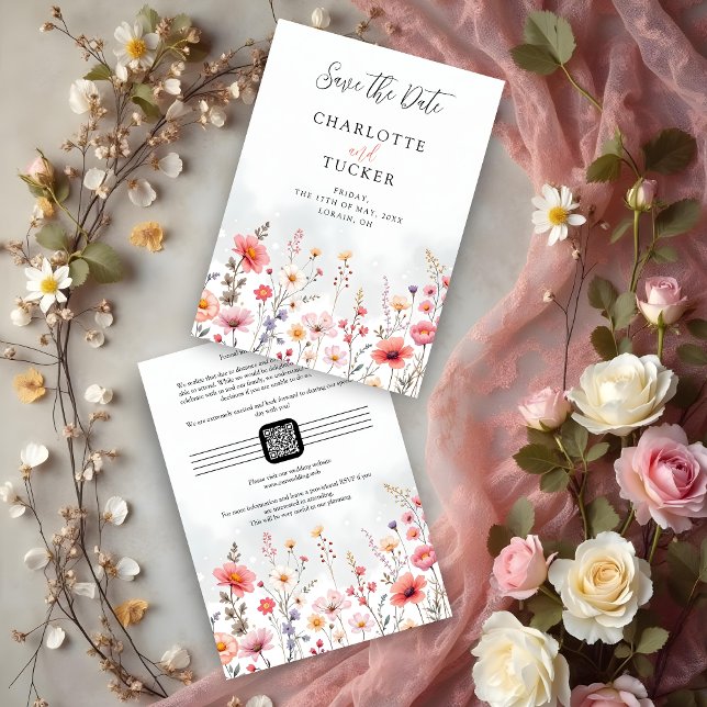 Reserva La Fecha Spring-Inspired Rustic Boho Romantic Wildflowers (Spring-Inspired Rustic Boho Romantic Wildflowers Wedding Save the Date Cards with QR Code in Pink.)