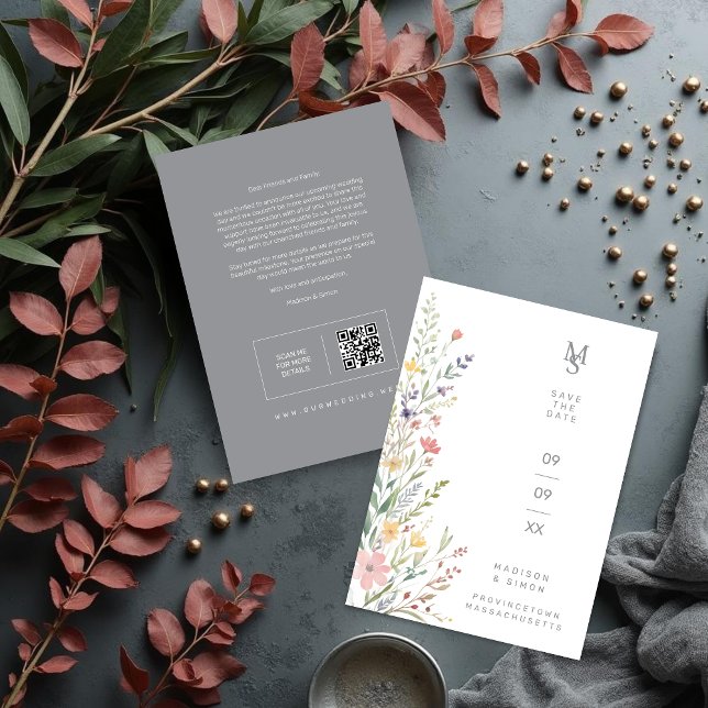 Reserva La Fecha Spring Sweet Wildflowers Branches Wedding Gray (Spring Sweet Wildflowers Branches Wedding Save the Date Card with Back QR Code and Soft Gray Back.)