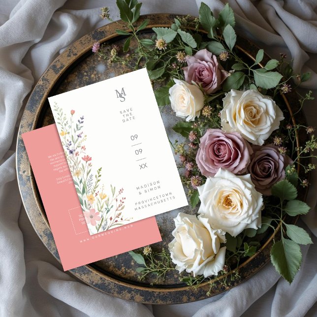 Reserva La Fecha Spring Sweet Wildflowers Branches Wedding Pink (Spring Sweet Wildflowers Branches Wedding Save the Date Card with Back QR Code and Peachy Pink Back.)