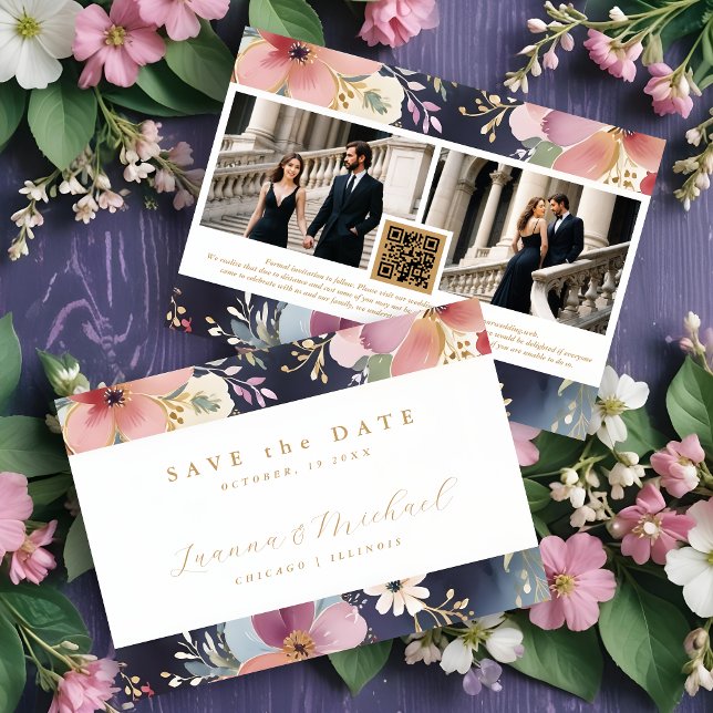 Reserva La Fecha Springtime Beautiful Abstract Floral Two Photos (Springtime Beautiful Abstract Floral Soft Watercolor Hues Wedding Save the Dates Cards with 2 Photos)
