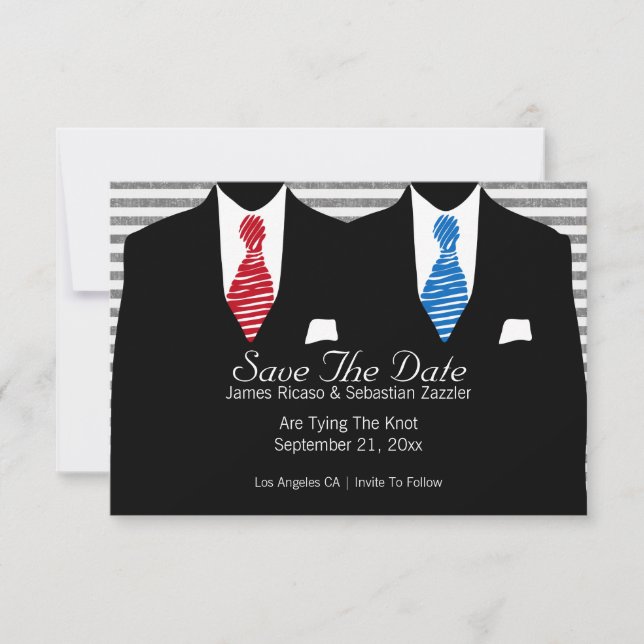 Reserva La Fecha Sr. y Sr. Suit Blue Red Tie Save The Date Boda (Anverso)