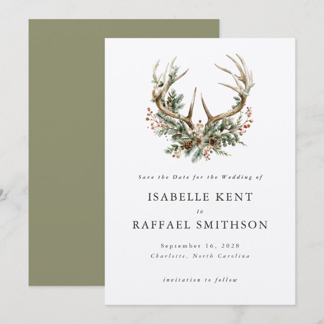 Reserva La Fecha Stag Antlers Rústico Boda de la vegetación floral  (Anverso / Reverso)