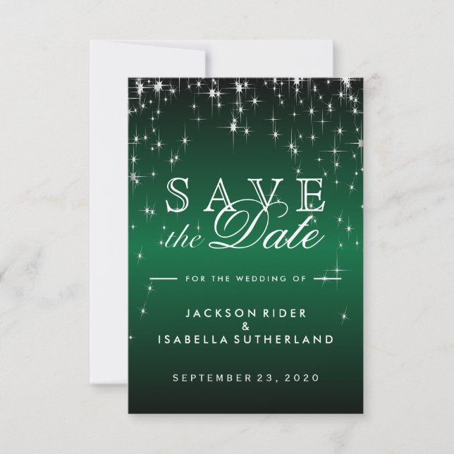 Reserva La Fecha Star Lights in Metallic Dark Green - Save the Date (Anverso)