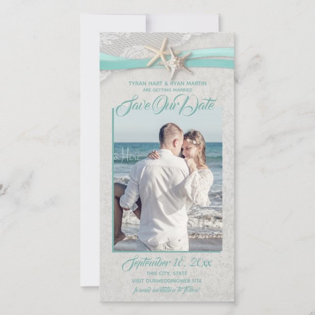 Reserva La Fecha Starfish and Lace Aqua Gray Save the Date (Anverso)