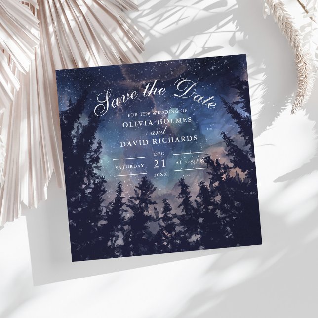 Reserva La Fecha Starry Night Forest Save the Date Card (Starry Night Forest Save The Date Card on a white boho table with dry palm leaf.)