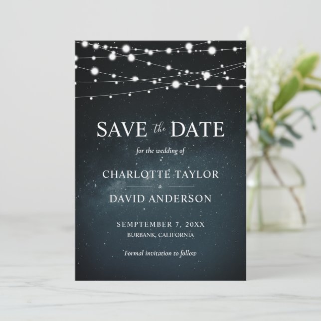 Reserva La Fecha Starry Night String Lights Wedding Save The Date (Anverso de pie)
