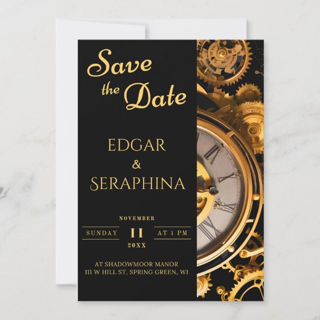 Reserva La Fecha Steampunk Extravaganza Boda de relojería de época (Anverso)