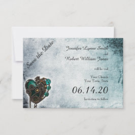 Reserva La Fecha Steampunk Verde azulada Heart Wedding Save the Dat