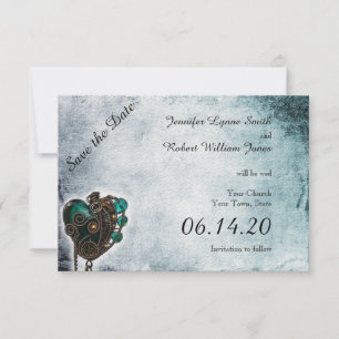 Reserva La Fecha Steampunk Verde azulada Heart Wedding Save the Dat
