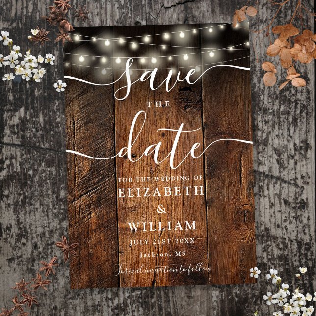 Reserva La Fecha String enciende el Boda de Rustic Wood Bar Boho (String Lights Rustic Wood Barn Boho Wedding Save The Date)