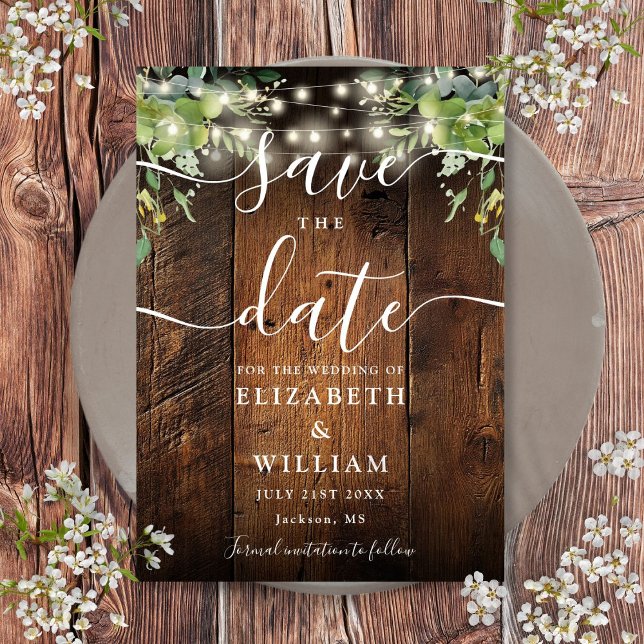 Reserva La Fecha String ilumina el Boda de la vegetación de madera  (String Lights Rustic Wood Greenery Wedding Save The Date)